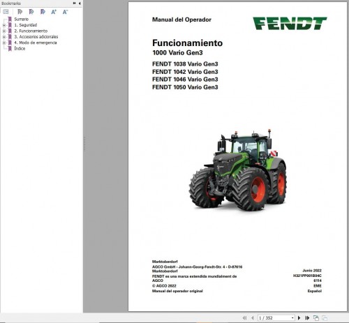 Fendt 1038 1042 1046 1050 Vario Gen3 Operator Manual H321PP001B04C ES