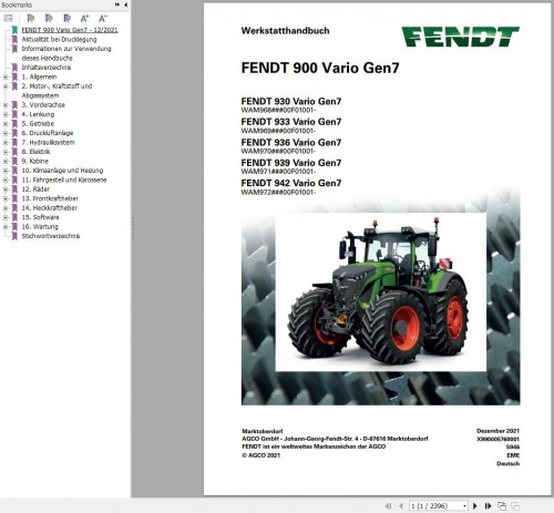 Fendt 930 933 936 939 942 Vario Gen7 Workshop Manual X990005760001 DE