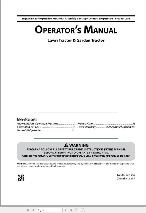 Massey Ferguson Lawn & Garden Tractor SA42 20SD Operator Manual 1