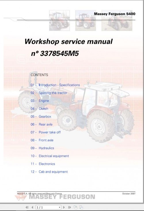 Massey Ferguson Tractor 5400 Series Workshop Service Manual 3378545M5 1