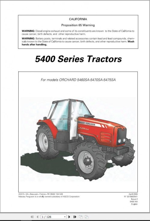 Massey Ferguson Tractor 5460SA 5470SA 5475SA Operator Manual 1