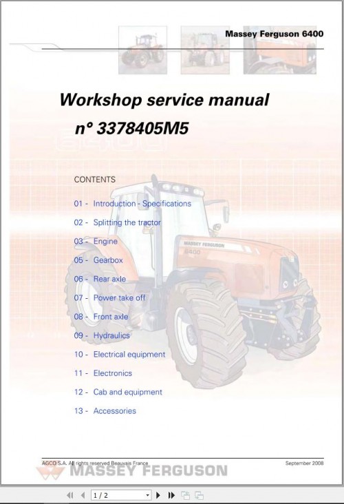 Massey Ferguson Tractor 6400 Series Workshop Service Manual 3378405M5 1