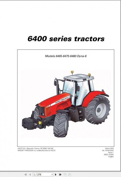 Massey Ferguson Tractor 6465 6475 6480 Dyna 6 Operator Manual 4315415M2 1