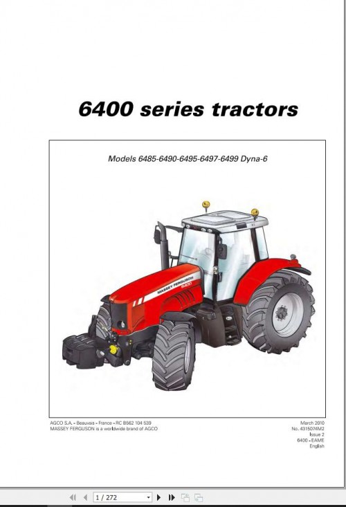 Massey Ferguson Tractor 6485 to 6499 Dyna6 Operator Manual 4315074M2 1