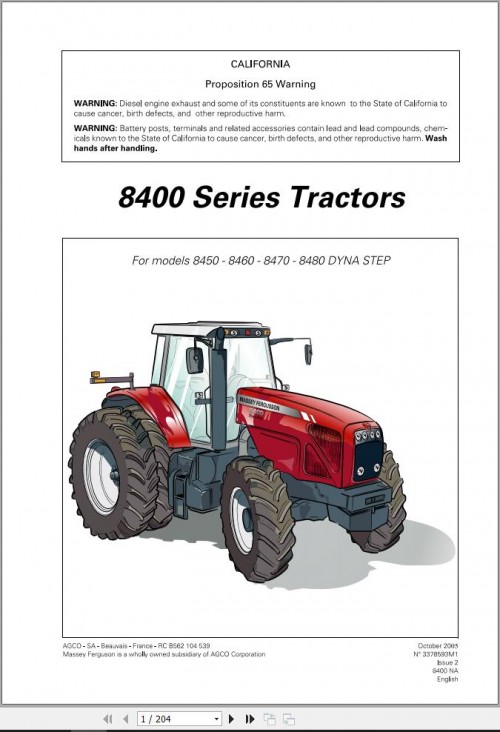 Massey Ferguson Tractor 8450 8460 8470 8480 DYNA STEP Operation Manual 1