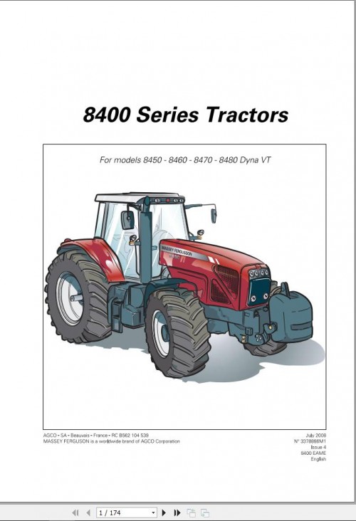 Massey Ferguson Tractor 8450 8460 8470 8480 Dyna VT Operation Manual 3378886M1 1
