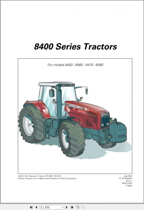 Massey Ferguson Tractor 8450 8460 8470 8480 Operation Manual 3378486M2 1