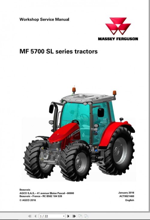 Massey Ferguson Tractor MF5700SL Series Workshop Service Manual ACT0021460 1