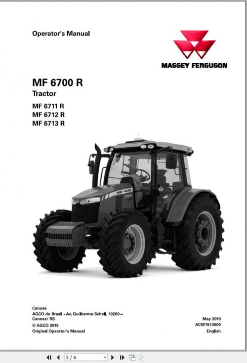 Massey Ferguson Tractor MF6711R MF6712R MF6713R Operator Manual ACW1513500 1