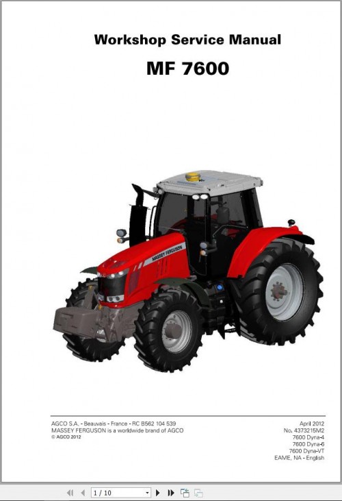 Massey Ferguson Tractor MF7600 Series Workshop Service Manual 4373215M2 1