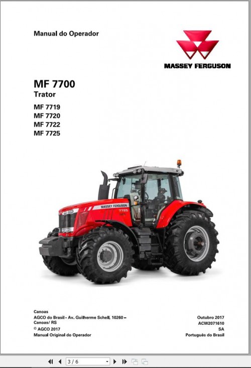 Massey Ferguson Tractor MF7700 Series Operator Manual ACW2071610 PT 1