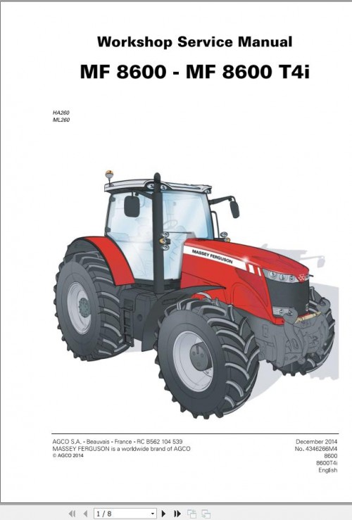 Massey Ferguson Tractor MF8600 MF8600 T4i Workshop Service Manual 4346266M4 1