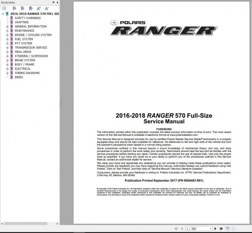 Polaris 2016 2018 Ranger 570 Full Size Service Manual 9928483