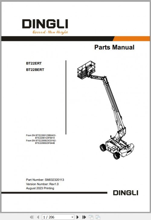 Dingli Boom Lifts BT22ERT BT22BERT Parts Manual SM032320113