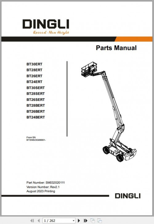 Dingli Boom Lifts BT24 26 28 30ERT BT26 28 30SERT BT24 26 28BERT Parts Manual SM032020111