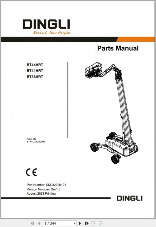 Dingli Boom Lifts BT44HRT BT41HRT BT36HRT Parts Manual SM032320121