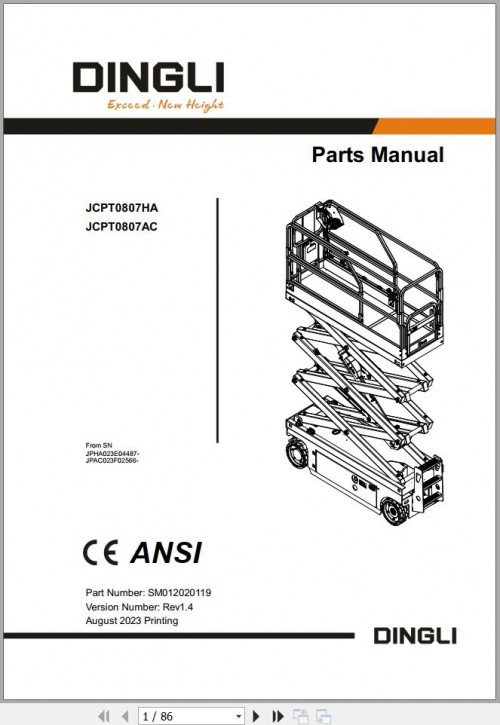 Dingli Scissor Lifts JCPT0807HA JCPT0807AC Parts Manual SM012020119