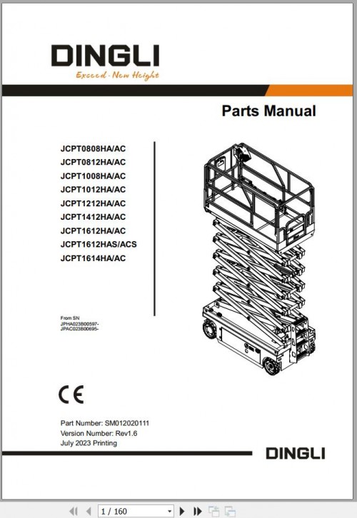 Dingli Scissor Lifts JCPT0808 to JCPT 1614 HA AC Parts Manual SM012020111