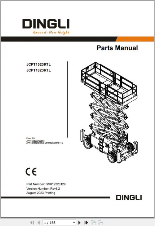 Dingli Scissor Lifts JCPT1523RTL JCPT1823RTL Parts Manual SM012220129