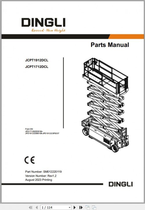 Dingli Scissor Lifts JCPT1712DCL JCPT1912DCL Parts Manual SM012220119