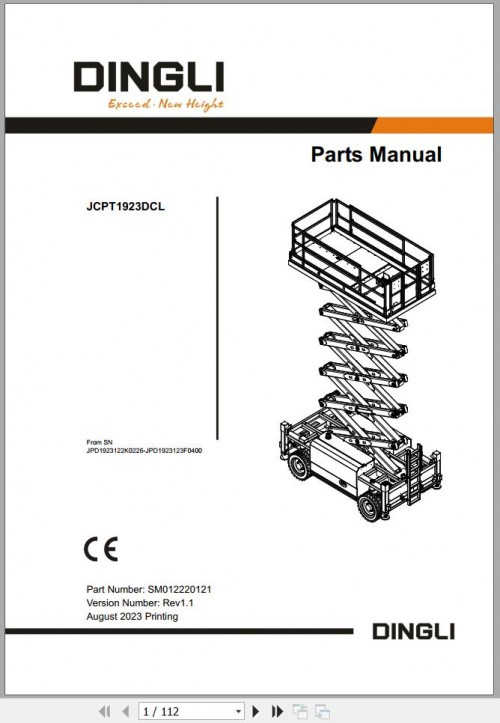 Dingli Scissor Lifts JCPT1923DCL Parts Manual SM012220121