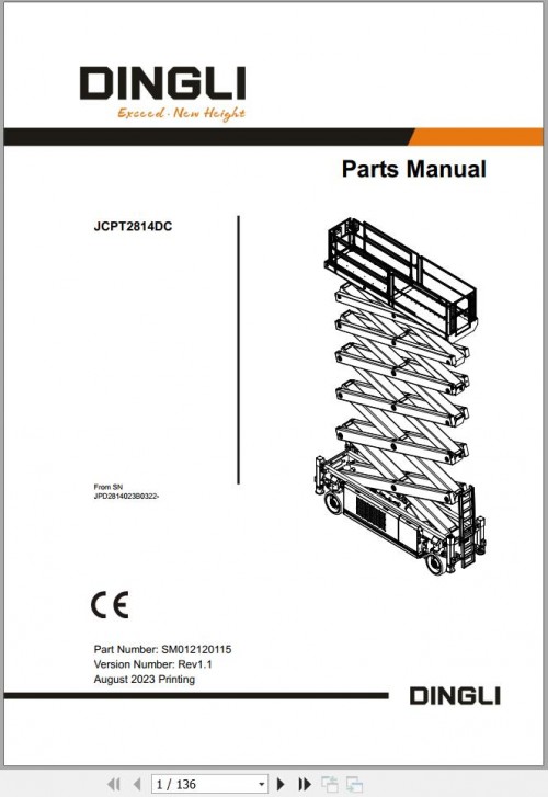 Dingli Scissor Lifts JCPT2814DC Parts Manual SM012120115