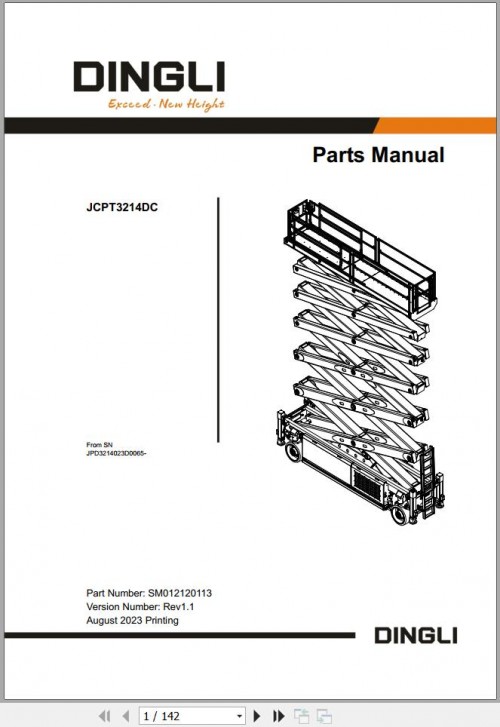 Dingli Scissor Lifts JCPT3214DC Parts Manual SM012120113