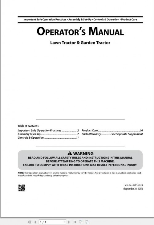 Massey Ferguson Lawn & Garden Tractor SA42 20SD Operator Manual 769 12412A (1)