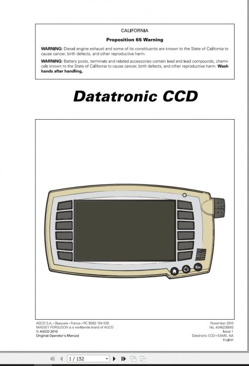 Massey Ferguson Monitor Datatronic CCD Operator Manual 4346236M3 1