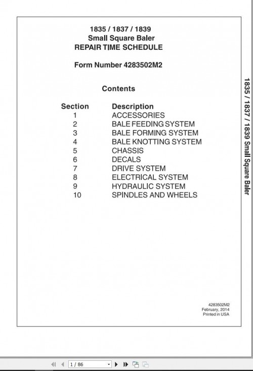 Massey Ferguson Small Square Baler 1835 1837 1839 Parts Manual 4283502M2 1