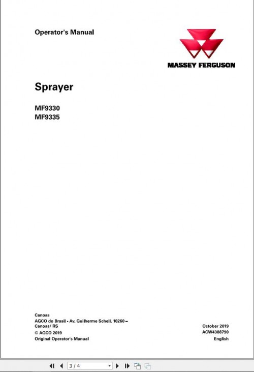 Massey Ferguson Sprayer MF9330 MF9335 Operator Manual AWC4388790 1
