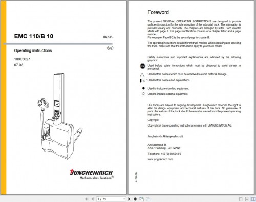 Jungheinrich Forklift EMC 110 B 10 Operating Instructions 10003627GB