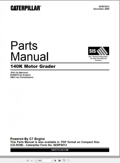 CAT Motor Grader 140K Parts Manuals SEBP5013