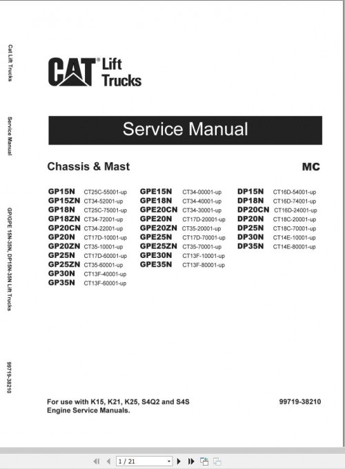 CAT Lift Truck DP15NDS Service Operation Maintenance Manual