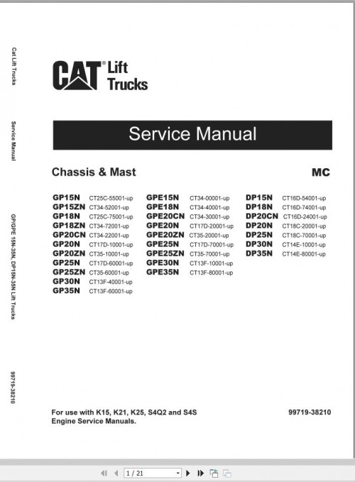 CAT Lift Truck DP15NTS Operation Maintenance Service Manual