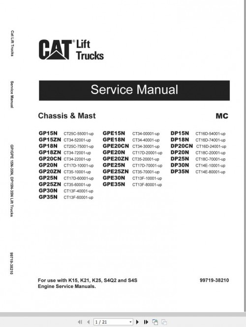 CAT Lift Truck DP20CNDS Operation Maintenance Service Manual