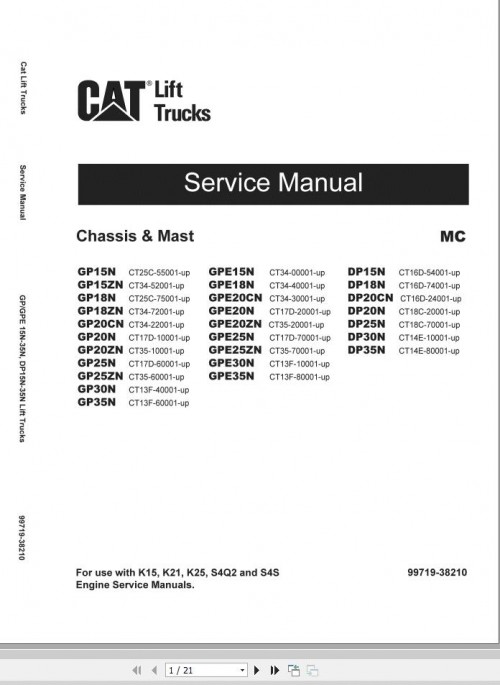 CAT Lift Truck DP25NTS Service Maintenance Operation Manual