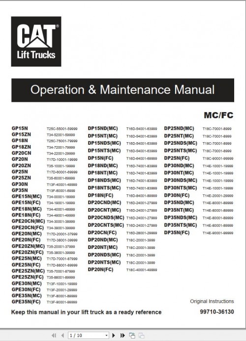 CAT Lift Truck DP35NDS Operation and Maintenance Manual