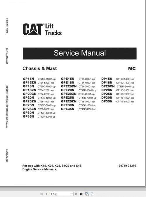 CAT Lift Truck DP35NTS Service Operation Maintenance Manual