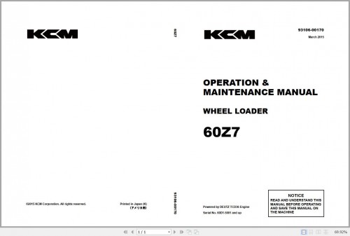 Kawasaki KCM Wheel Loader 50Z7 60Z7 Service Manual, Parts Catalog, Operation & Maintenance Manual (2
