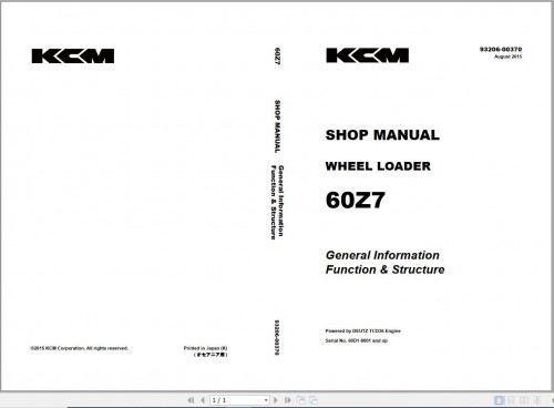 Kawasaki KCM Wheel Loader 50Z7 60Z7 Service Manual, Parts Catalog, Operation & Maintenance Manual (6