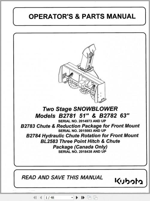 Kubota Snowblower B2781 51 B272 63 Operators & Parts Manual (1)