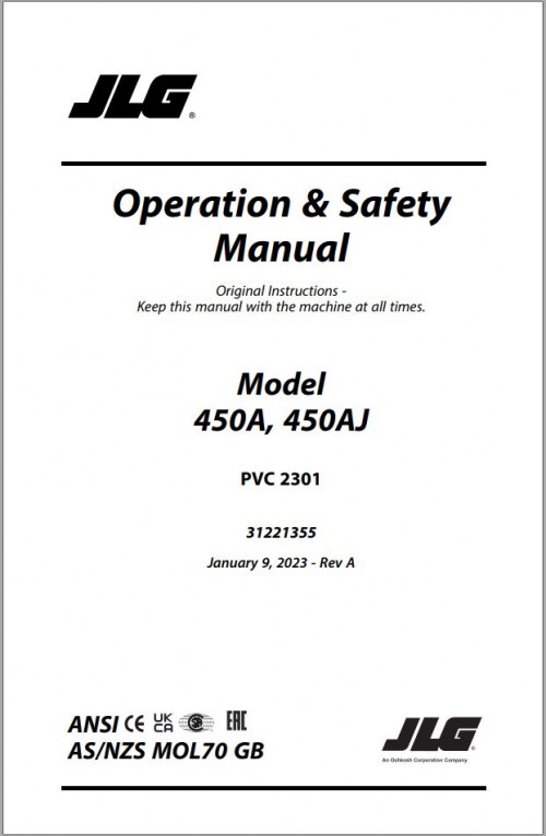 JLG Boom Lifts 450A 450AJ Operation Safety Manual 31221355 2023 PVC 2301