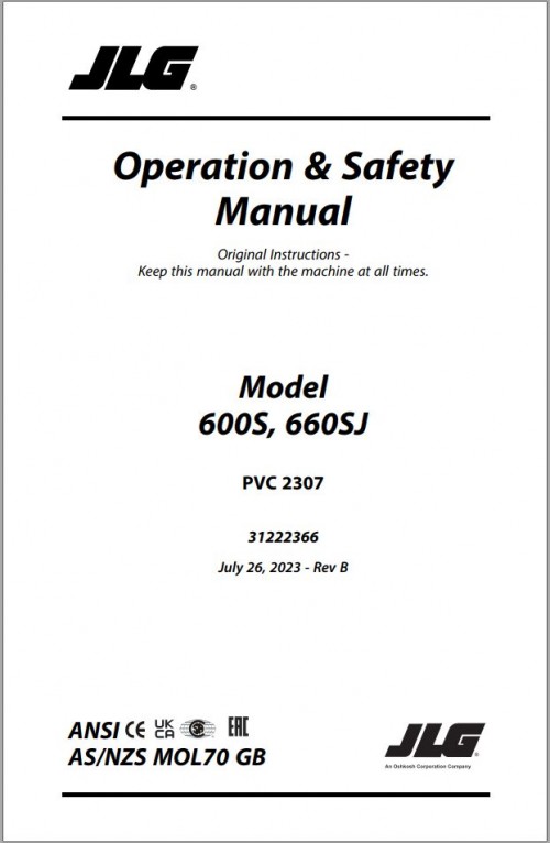 JLG Boom Lifts 600S 660SJ Operation Safety Manual 31222366 2023 PVC 2307