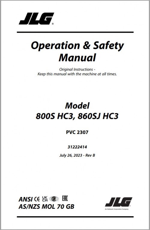 JLG Boom Lifts 800S HC3 860SJ HC3 Operation Safety Manual 31222414 2023 PVC 2307