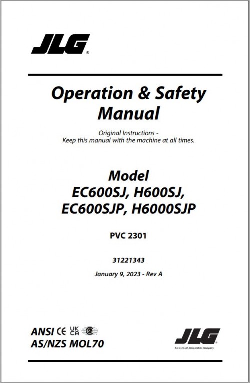 JLG Boom Lifts EC600SJ EC600SJP H600SJ H600SJP Operation Safety Manual 31221343 2023 PVC 2301