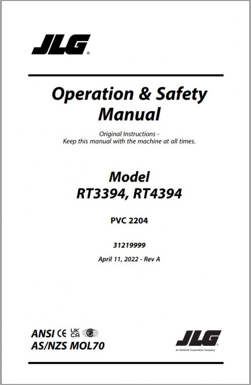 JLG Scissor Lifts RT3394 RT4394 Operation Safety Manual 31219999 2022 PVC 2204