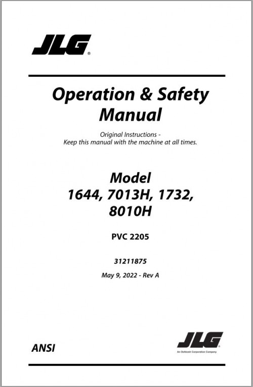 JLG Telehandlers 1644 1732 7013H 8010H Operation Safety Manual 31211875 2022 PVC 2205
