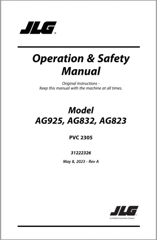 JLG Telehandlers AG823 AG832 AG925 Operation Safety Manual 31222326 2023 PVC 2305