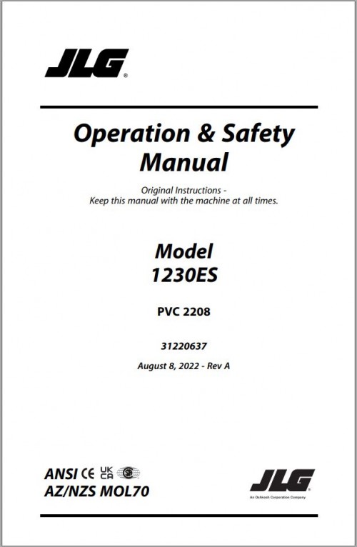 JLG Vertical Masts 1230ES Operation Safety Manual 31220637 2022 PVC 2208